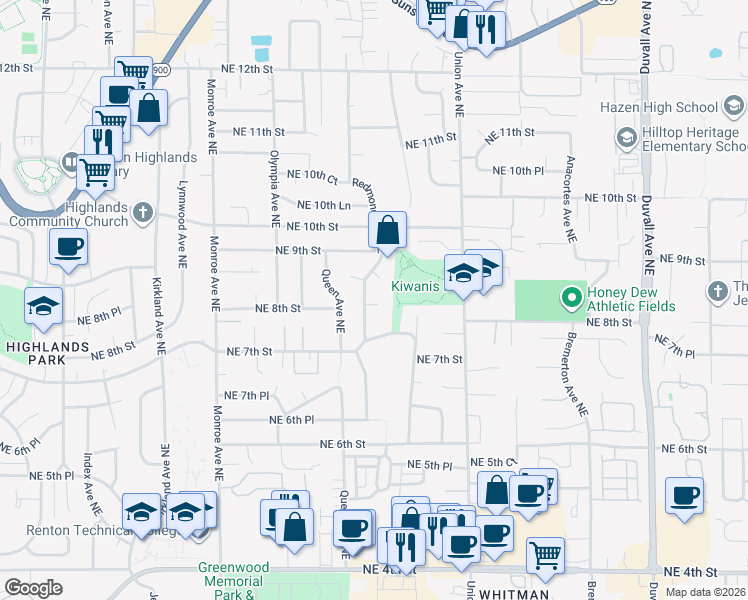 map of restaurants, bars, coffee shops, grocery stores, and more near 771 Redmond Avenue Northeast in Renton