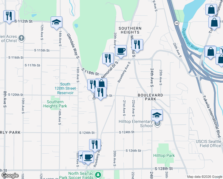 map of restaurants, bars, coffee shops, grocery stores, and more near 11915 Roseberg Avenue South in Seattle