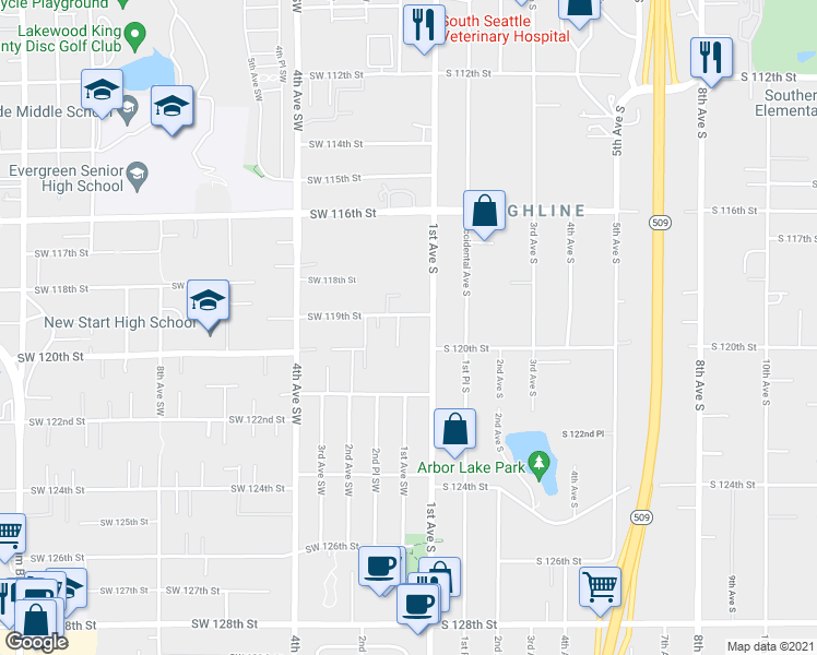 map of restaurants, bars, coffee shops, grocery stores, and more near 11923 1st Avenue South in Burien