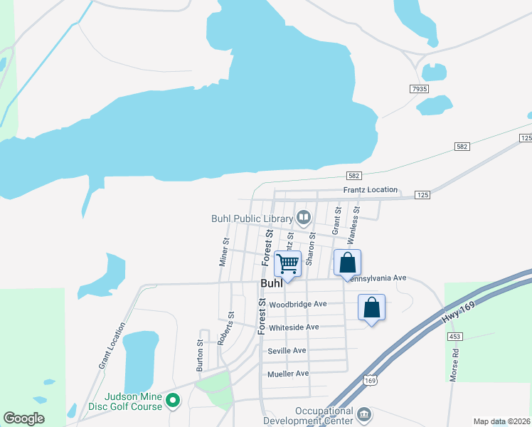 map of restaurants, bars, coffee shops, grocery stores, and more near in Buhl
