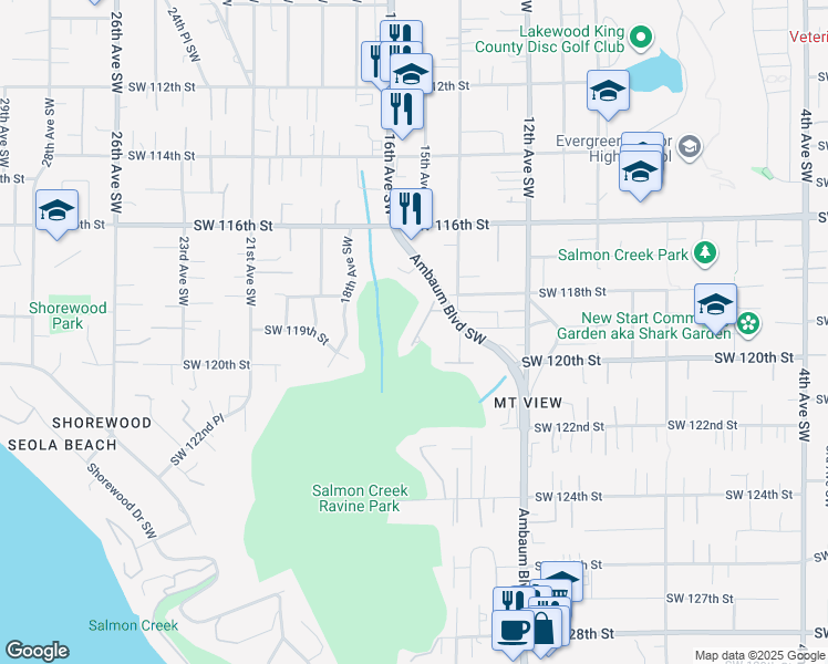 map of restaurants, bars, coffee shops, grocery stores, and more near 11801 Ambaum Boulevard Southwest in Burien