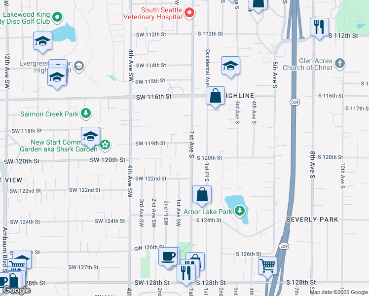 map of restaurants, bars, coffee shops, grocery stores, and more near 101 Southwest 119th Street in Seattle
