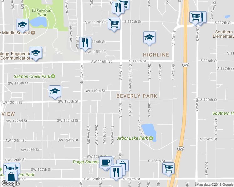 map of restaurants, bars, coffee shops, grocery stores, and more near 101 Southwest 119th Street in Seattle