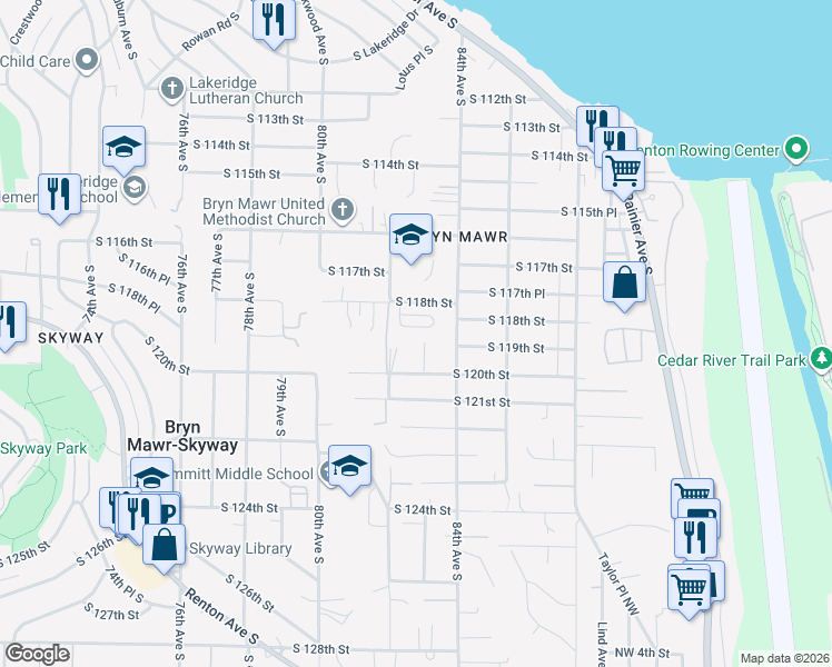 map of restaurants, bars, coffee shops, grocery stores, and more near 8218 83rd Avenue South in Seattle