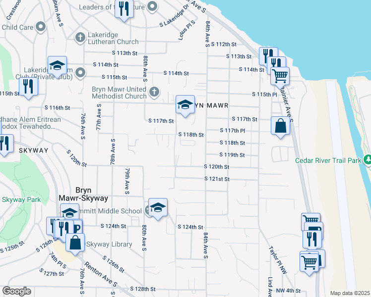 map of restaurants, bars, coffee shops, grocery stores, and more near 8218 83rd Avenue South in Seattle
