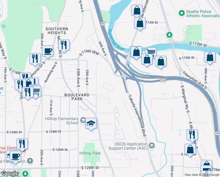 map of restaurants, bars, coffee shops, grocery stores, and more near 11846 26th Avenue South in Seattle