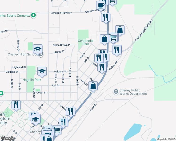 map of restaurants, bars, coffee shops, grocery stores, and more near 1501 4th Street in Cheney