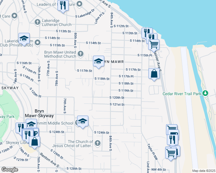 map of restaurants, bars, coffee shops, grocery stores, and more near 8403 South 119th Street in Seattle