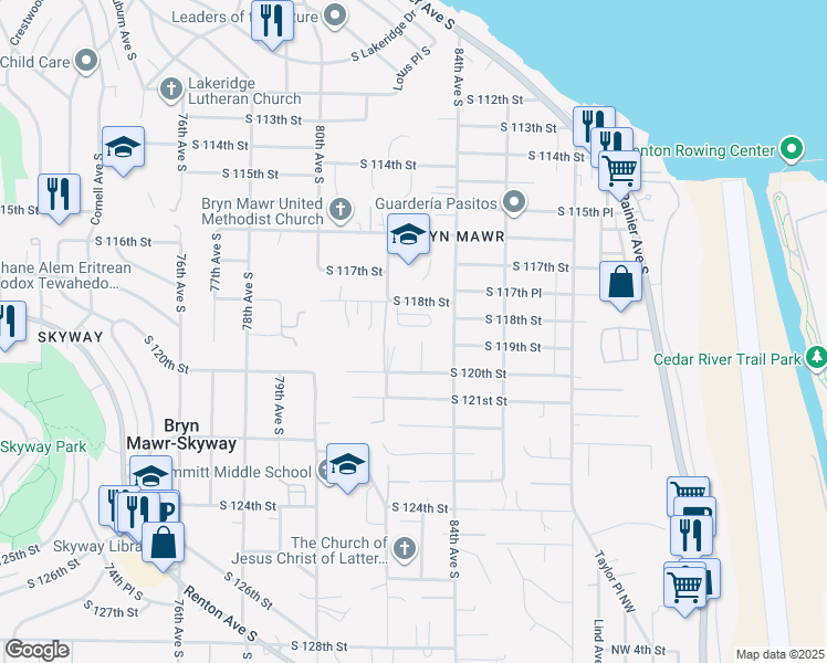 map of restaurants, bars, coffee shops, grocery stores, and more near 8218 83rd Avenue South in Seattle