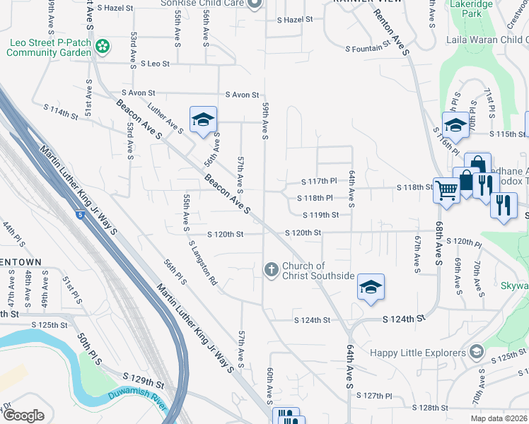 map of restaurants, bars, coffee shops, grocery stores, and more near 5932 South 120th Street in Seattle