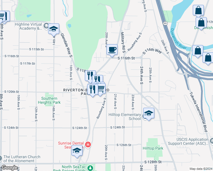 map of restaurants, bars, coffee shops, grocery stores, and more near 2002 South 120th Street in Seattle