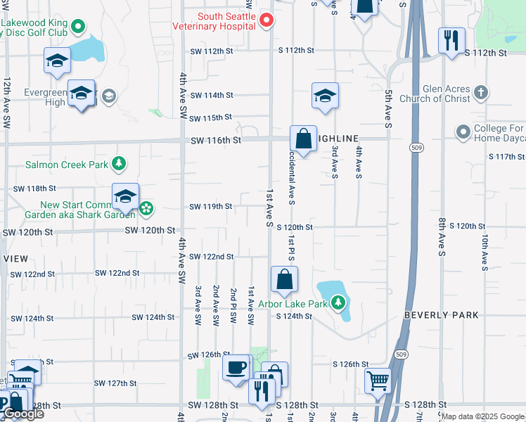 map of restaurants, bars, coffee shops, grocery stores, and more near 11923 1st Avenue South in Burien