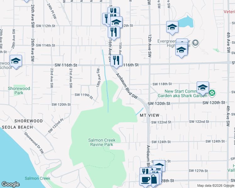 map of restaurants, bars, coffee shops, grocery stores, and more near 1418 Southwest 120th Street in Burien