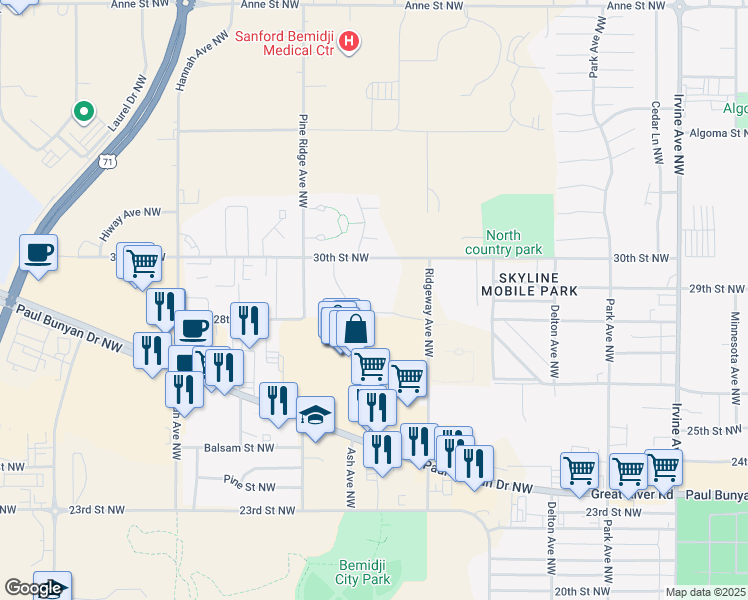 map of restaurants, bars, coffee shops, grocery stores, and more near 1228 30th Street Northwest in Bemidji