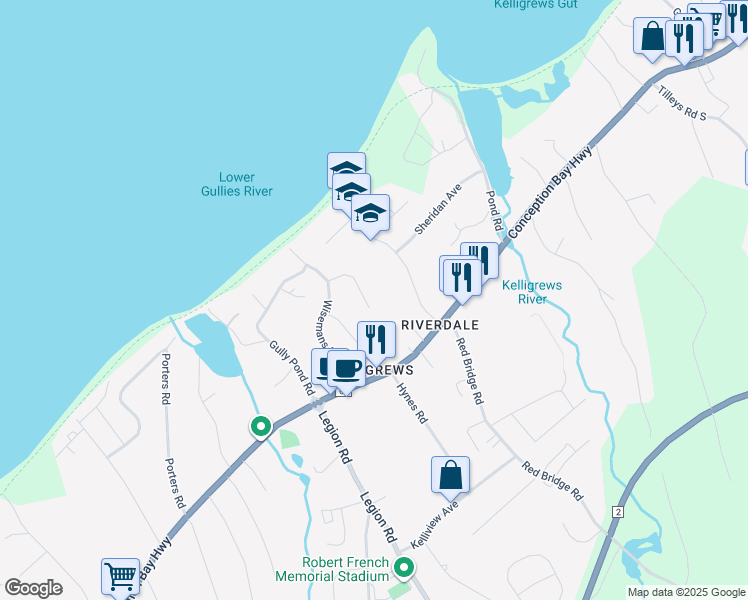 map of restaurants, bars, coffee shops, grocery stores, and more near 23 Ava Place in Conception Bay South