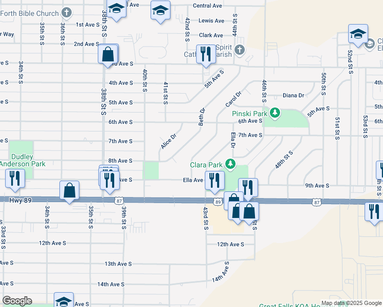 map of restaurants, bars, coffee shops, grocery stores, and more near 631 Carol Drive in Great Falls