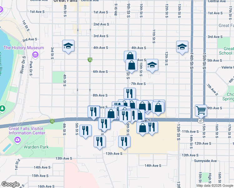 map of restaurants, bars, coffee shops, grocery stores, and more near 816 8th Street South in Great Falls