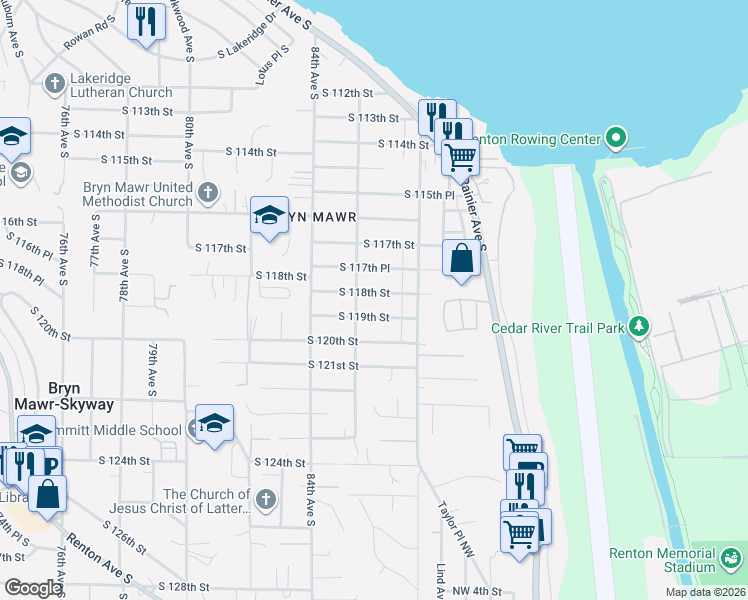 map of restaurants, bars, coffee shops, grocery stores, and more near 8525 South 119th Street in Seattle