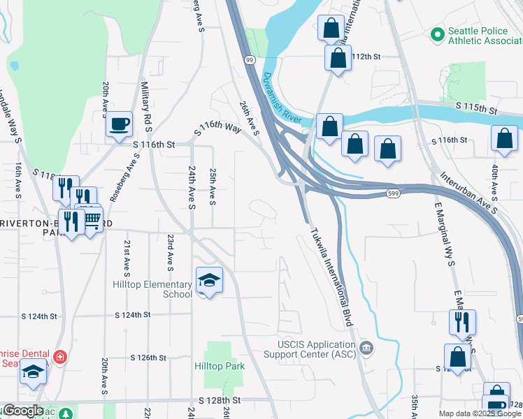 map of restaurants, bars, coffee shops, grocery stores, and more near 11846 26th Avenue South in Seattle