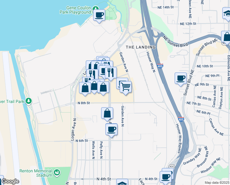 map of restaurants, bars, coffee shops, grocery stores, and more near North Landing Way in Renton