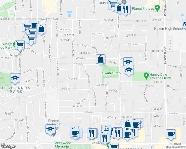 map of restaurants, bars, coffee shops, grocery stores, and more near 815 Redmond Avenue Northeast in Renton
