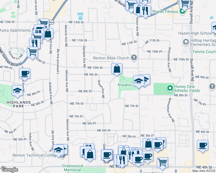 map of restaurants, bars, coffee shops, grocery stores, and more near 815 Redmond Avenue Northeast in Renton