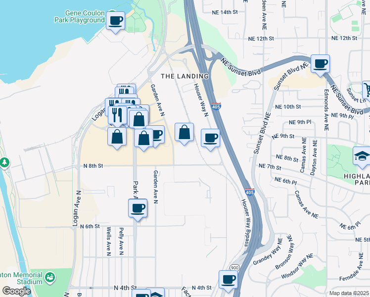 map of restaurants, bars, coffee shops, grocery stores, and more near 800 Garden Avenue North in Renton