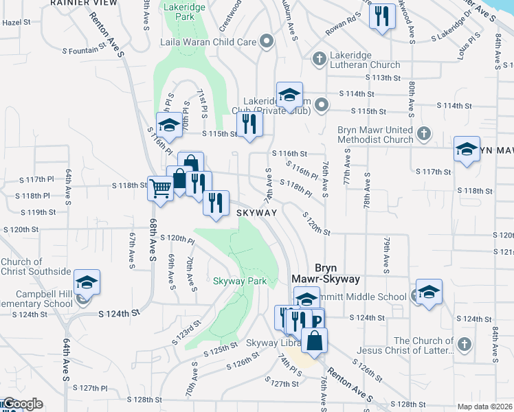 map of restaurants, bars, coffee shops, grocery stores, and more near 11918 Renton Avenue South in Seattle
