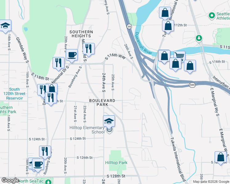 map of restaurants, bars, coffee shops, grocery stores, and more near 11824 25th Avenue South in Burien