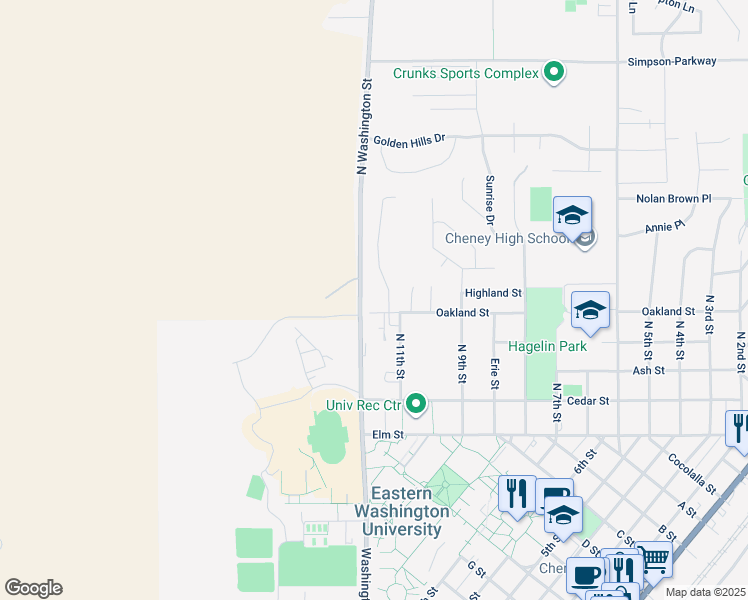 map of restaurants, bars, coffee shops, grocery stores, and more near 1882 Washington in Cheney