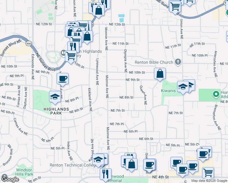 map of restaurants, bars, coffee shops, grocery stores, and more near 3401 Northeast 8th Street in Renton