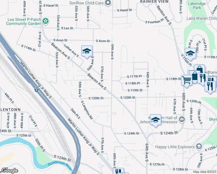 map of restaurants, bars, coffee shops, grocery stores, and more near 5586 South Juniper Street in Seattle