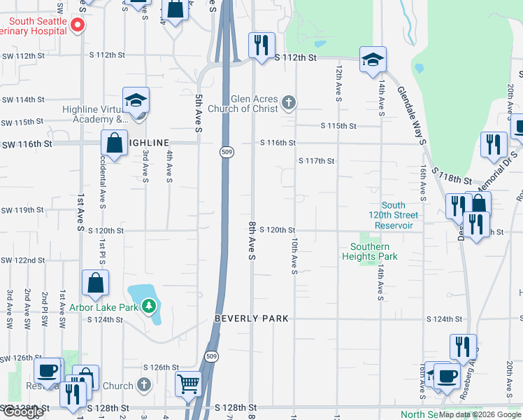 map of restaurants, bars, coffee shops, grocery stores, and more near 820 South 120th Street in Burien