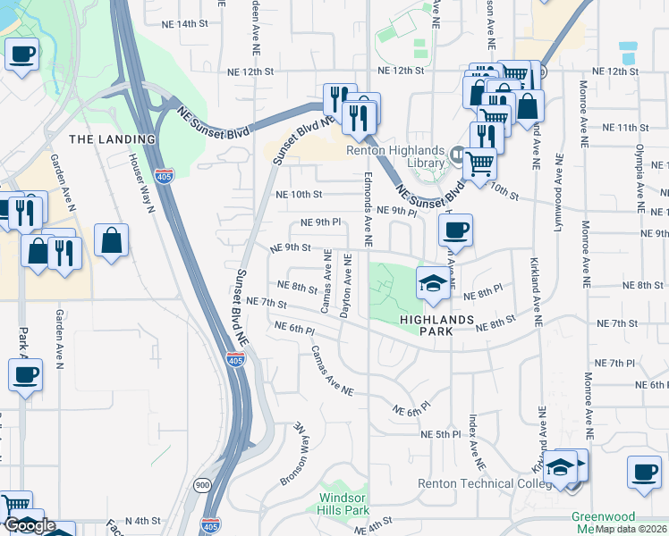 map of restaurants, bars, coffee shops, grocery stores, and more near 807 Dayton Avenue Northeast in Renton