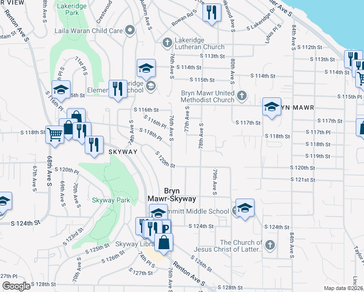 map of restaurants, bars, coffee shops, grocery stores, and more near 11840 76th Avenue South in Seattle