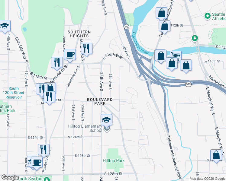 map of restaurants, bars, coffee shops, grocery stores, and more near 11851 25th Avenue South in Seattle