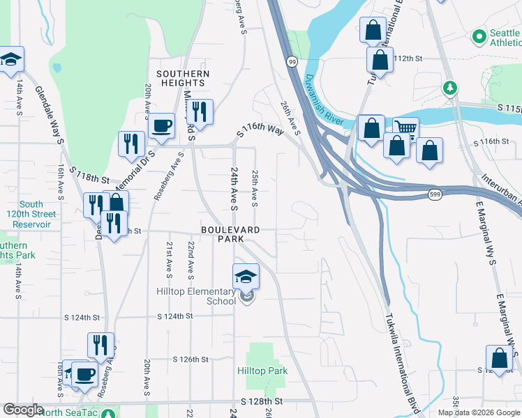 map of restaurants, bars, coffee shops, grocery stores, and more near 11824 25th Avenue South in Burien
