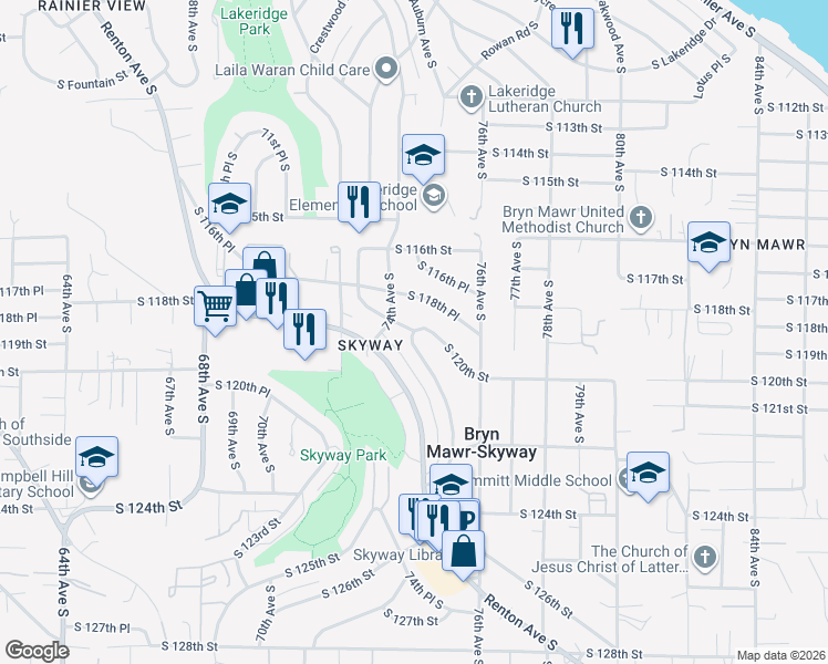 map of restaurants, bars, coffee shops, grocery stores, and more near 7499 South 120th Street in Seattle