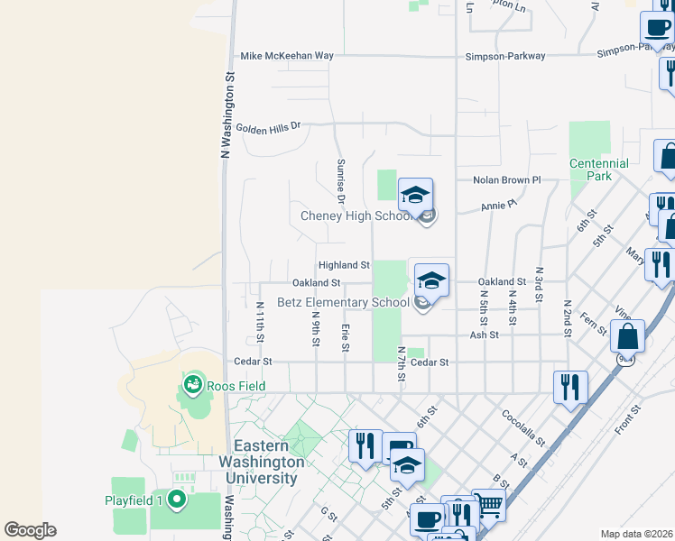 map of restaurants, bars, coffee shops, grocery stores, and more near 313 Erie Street in Cheney