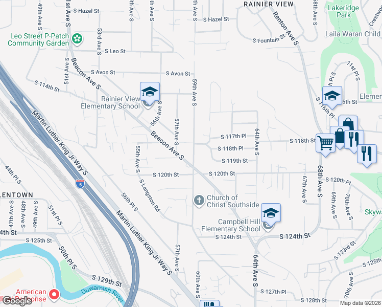 map of restaurants, bars, coffee shops, grocery stores, and more near 11825 59th Avenue South in Seattle