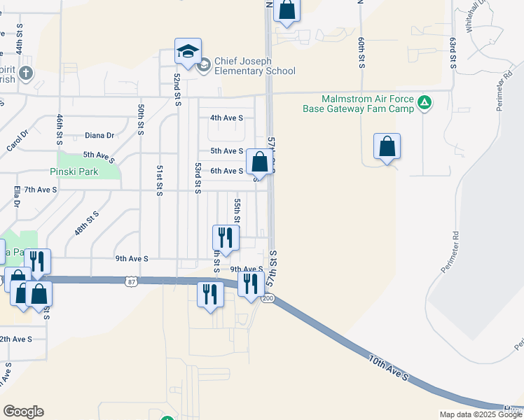 map of restaurants, bars, coffee shops, grocery stores, and more near 620 57th Street South in Great Falls