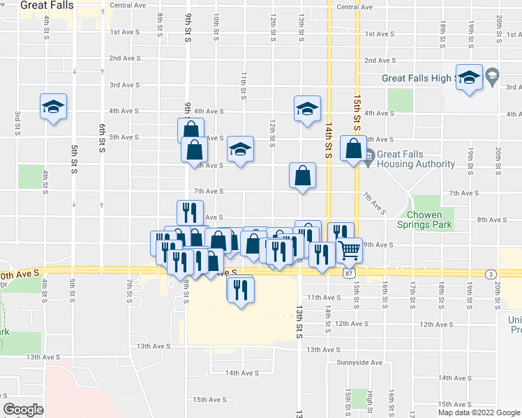 map of restaurants, bars, coffee shops, grocery stores, and more near 1104 7th Avenue South in Great Falls