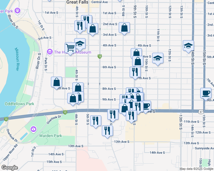 map of restaurants, bars, coffee shops, grocery stores, and more near 606 7th Avenue South in Great Falls