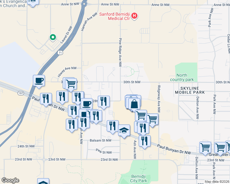 map of restaurants, bars, coffee shops, grocery stores, and more near 2965 Pine Ridge Avenue Northwest in Bemidji