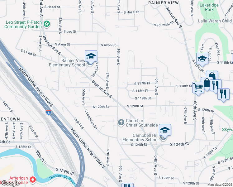 map of restaurants, bars, coffee shops, grocery stores, and more near 11825 59th Avenue South in Seattle