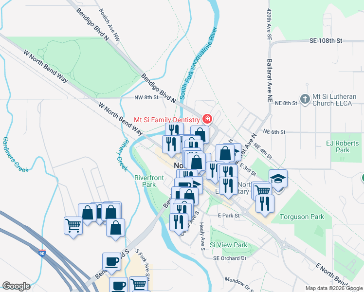 map of restaurants, bars, coffee shops, grocery stores, and more near 340 West 2nd Street in North Bend