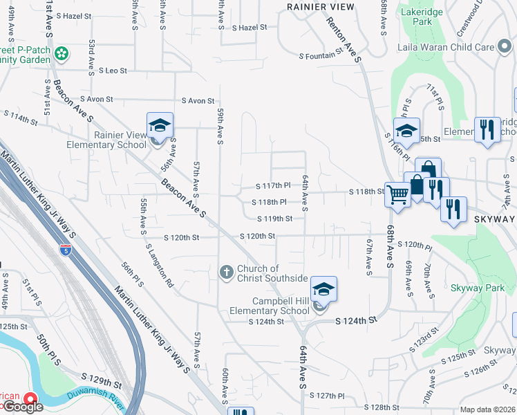 map of restaurants, bars, coffee shops, grocery stores, and more near 6019 South 118th Place in Seattle