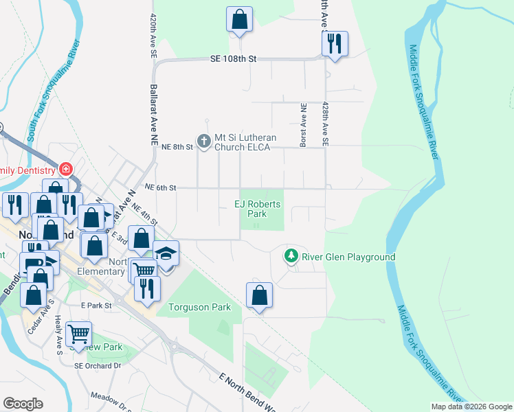 map of restaurants, bars, coffee shops, grocery stores, and more near Southeast 114th Street in North Bend