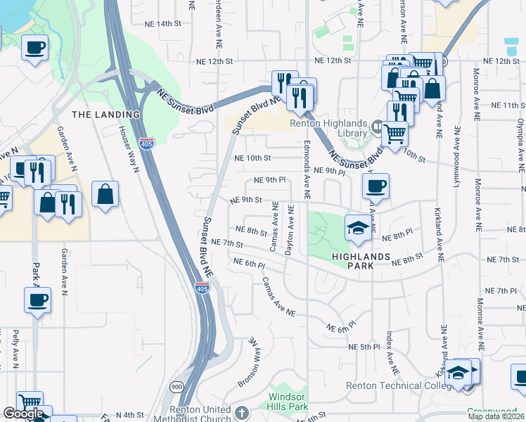 map of restaurants, bars, coffee shops, grocery stores, and more near 2212 Northeast 9th Street in Renton