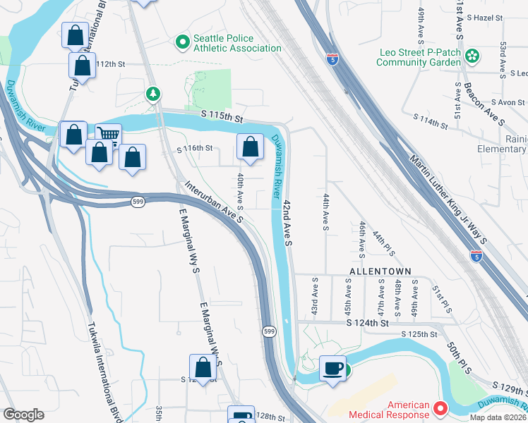 map of restaurants, bars, coffee shops, grocery stores, and more near 11802 40th Place South in Tukwila